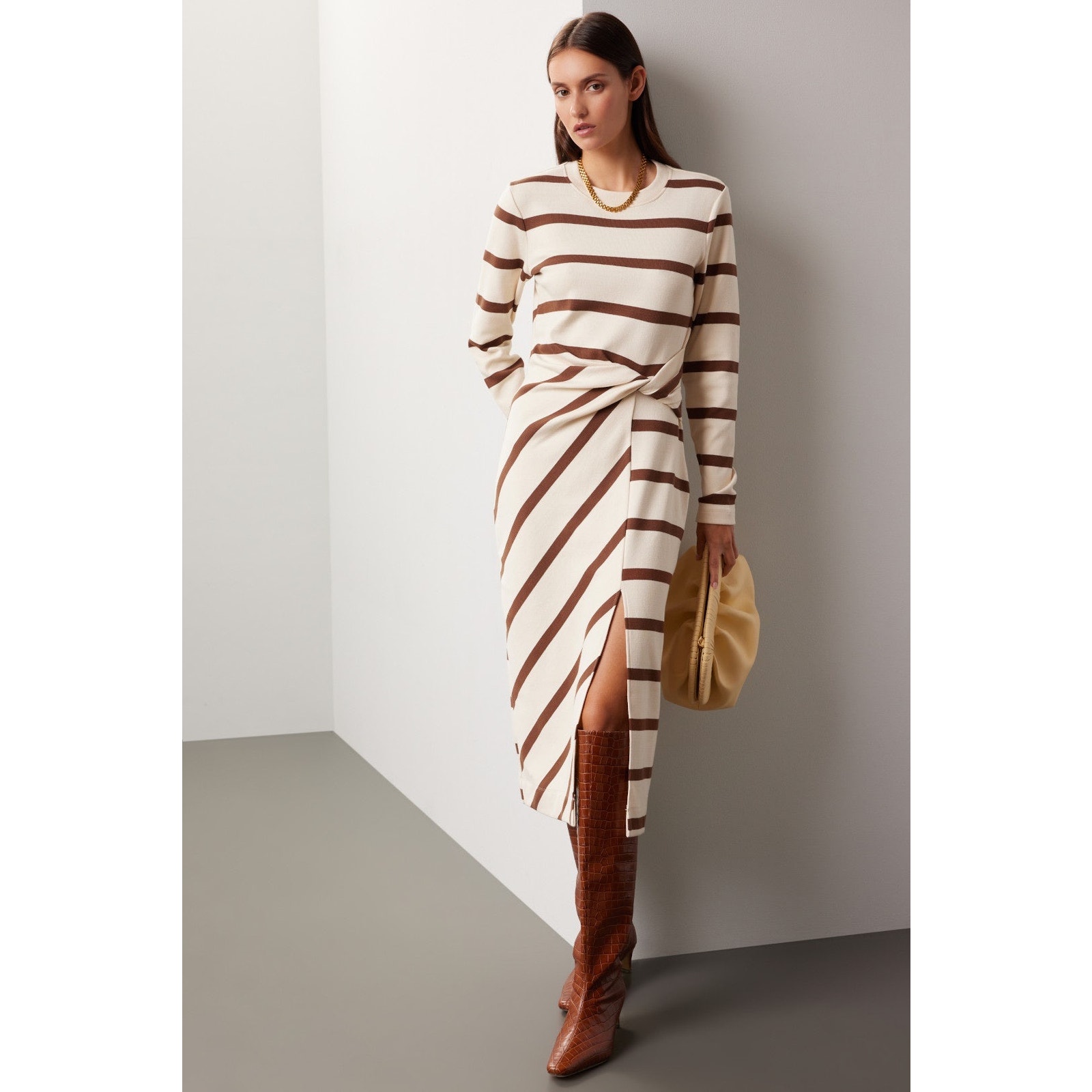Tanya Taylor Cody Cream Brown Striped Knit Long Sleeve Faux Wrap Midi Dress L